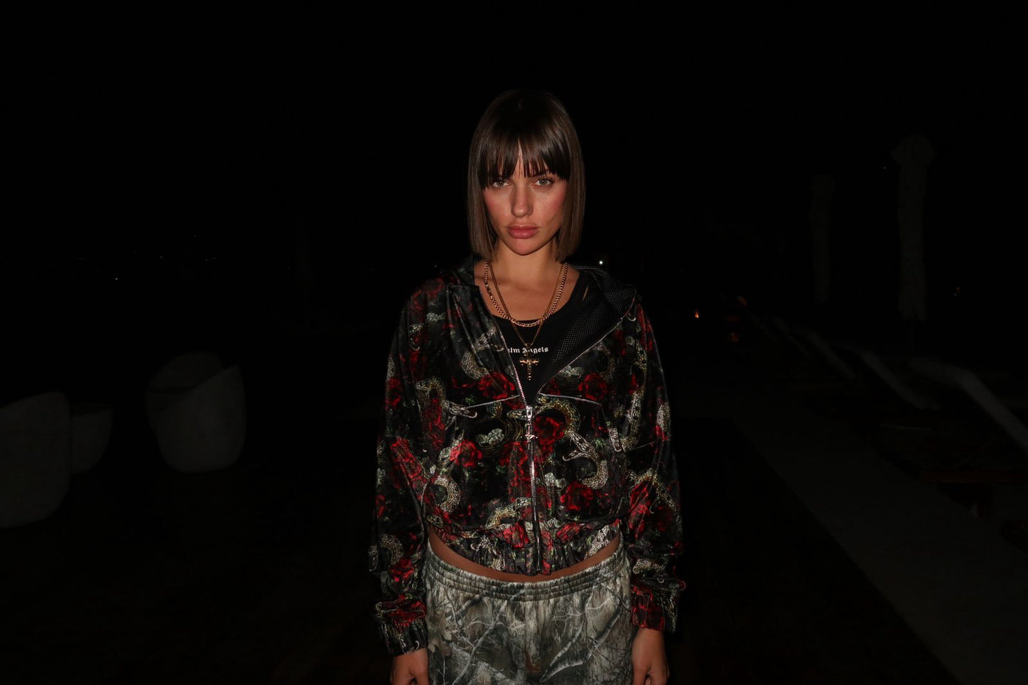 Velour hooded jacket with zip printed with roses and snakes