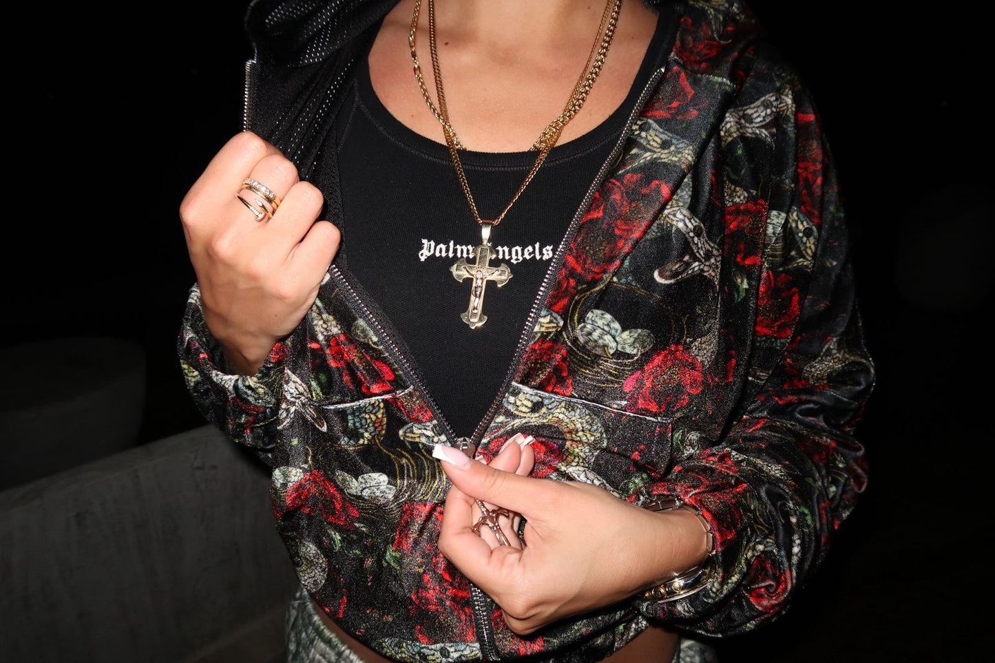 Velour hooded jacket with zip printed with roses and snakes