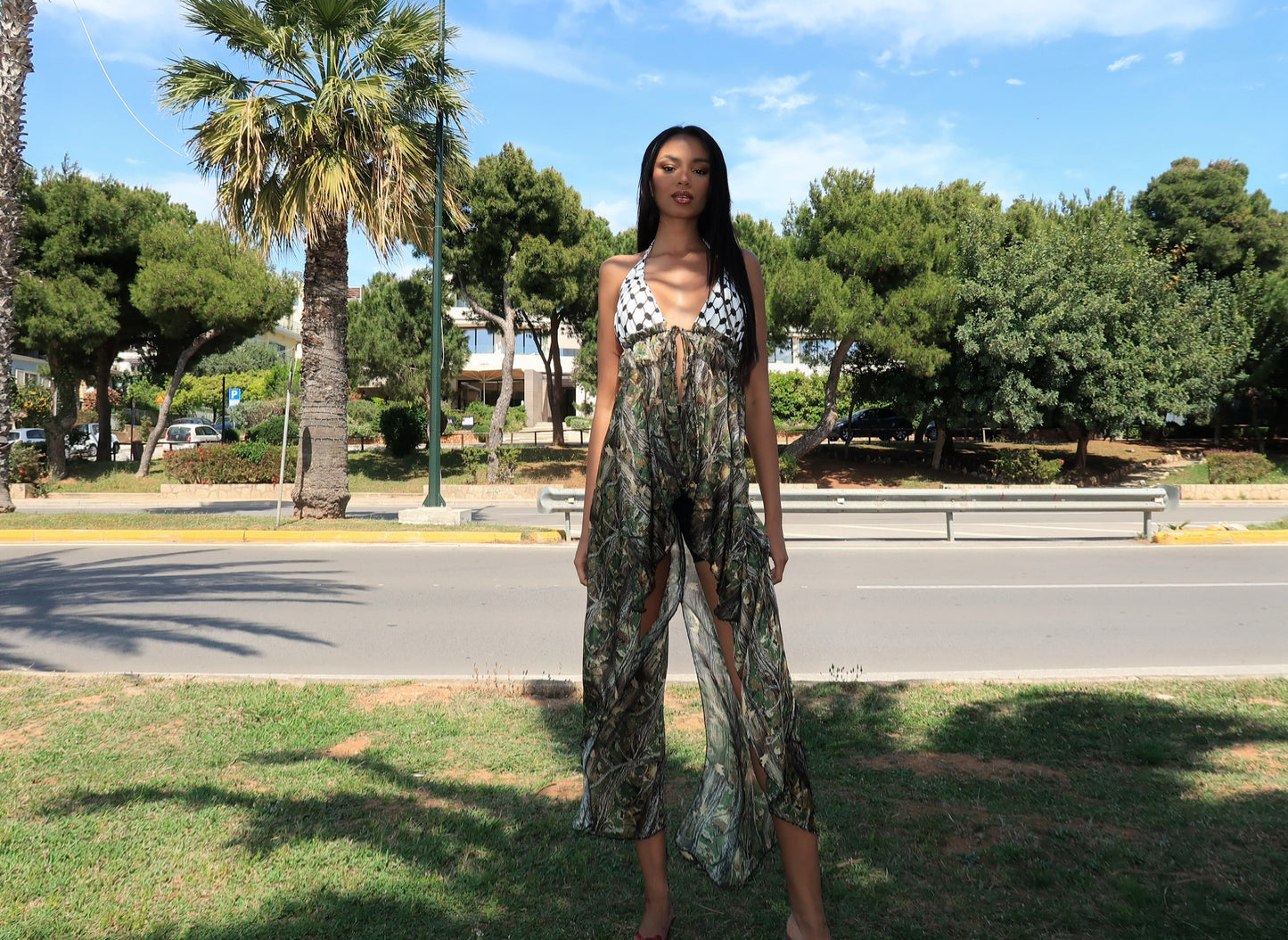 Cover-up maxi top with keffiyeh pattern called “my war”