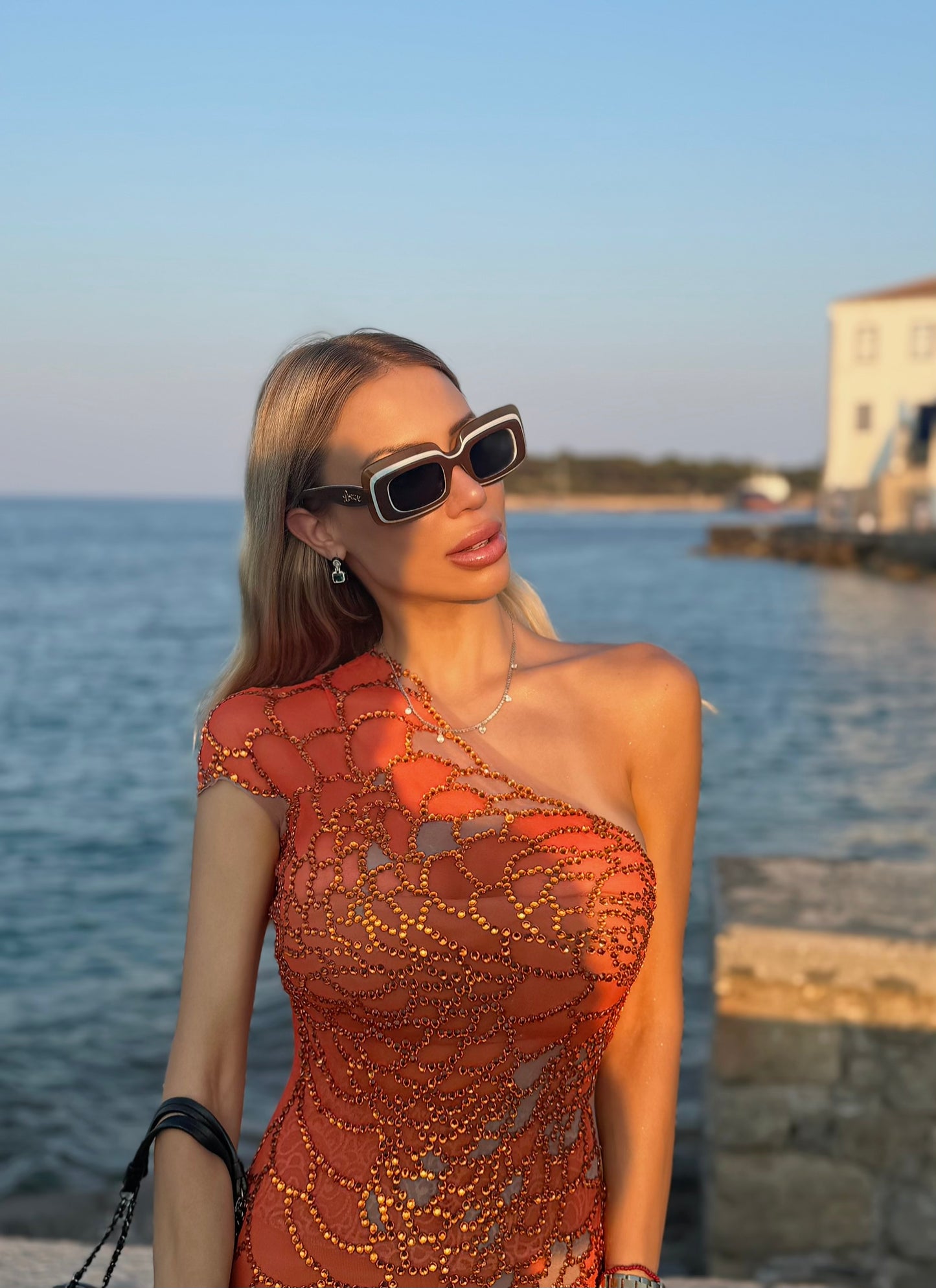 Embellished crystal orange mini dress