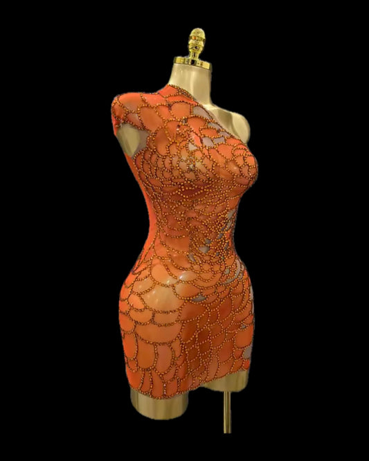 Embellished crystal orange mini dress