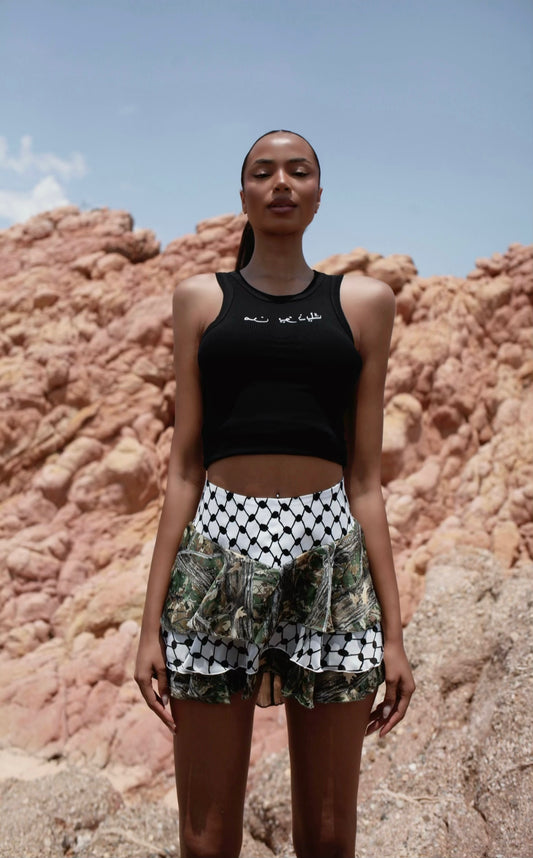 “Keffiyeh” three-layer statement Skirt, with Silk back ties and zipper , inspired by war patterns and military camouflage prints