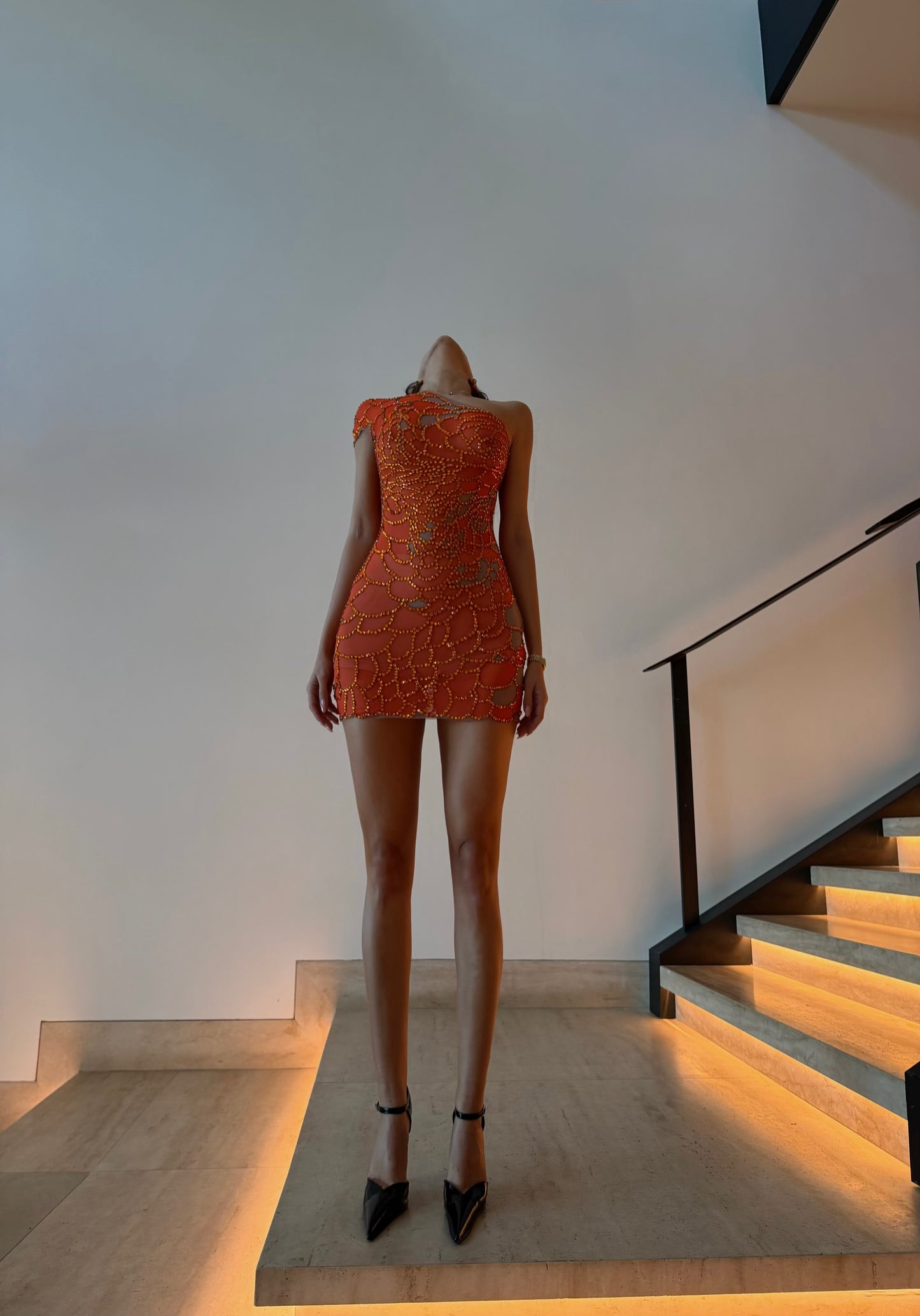 Embellished crystal orange mini dress