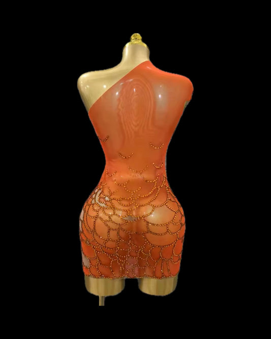 Embellished crystal orange mini dress