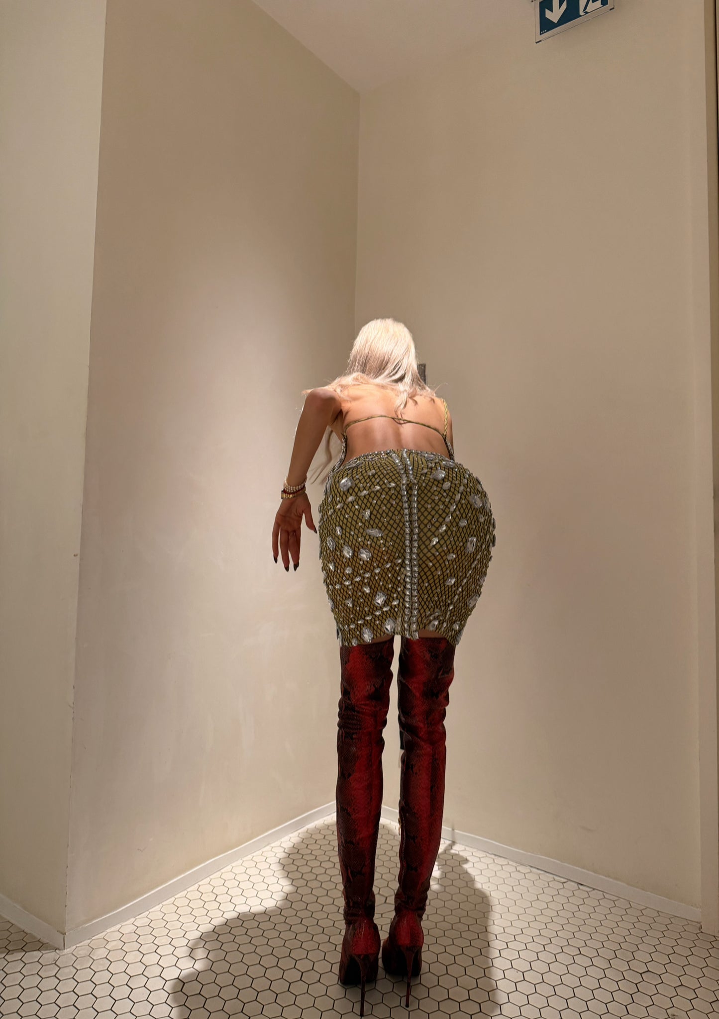 Embellished crystal open-back mini dress